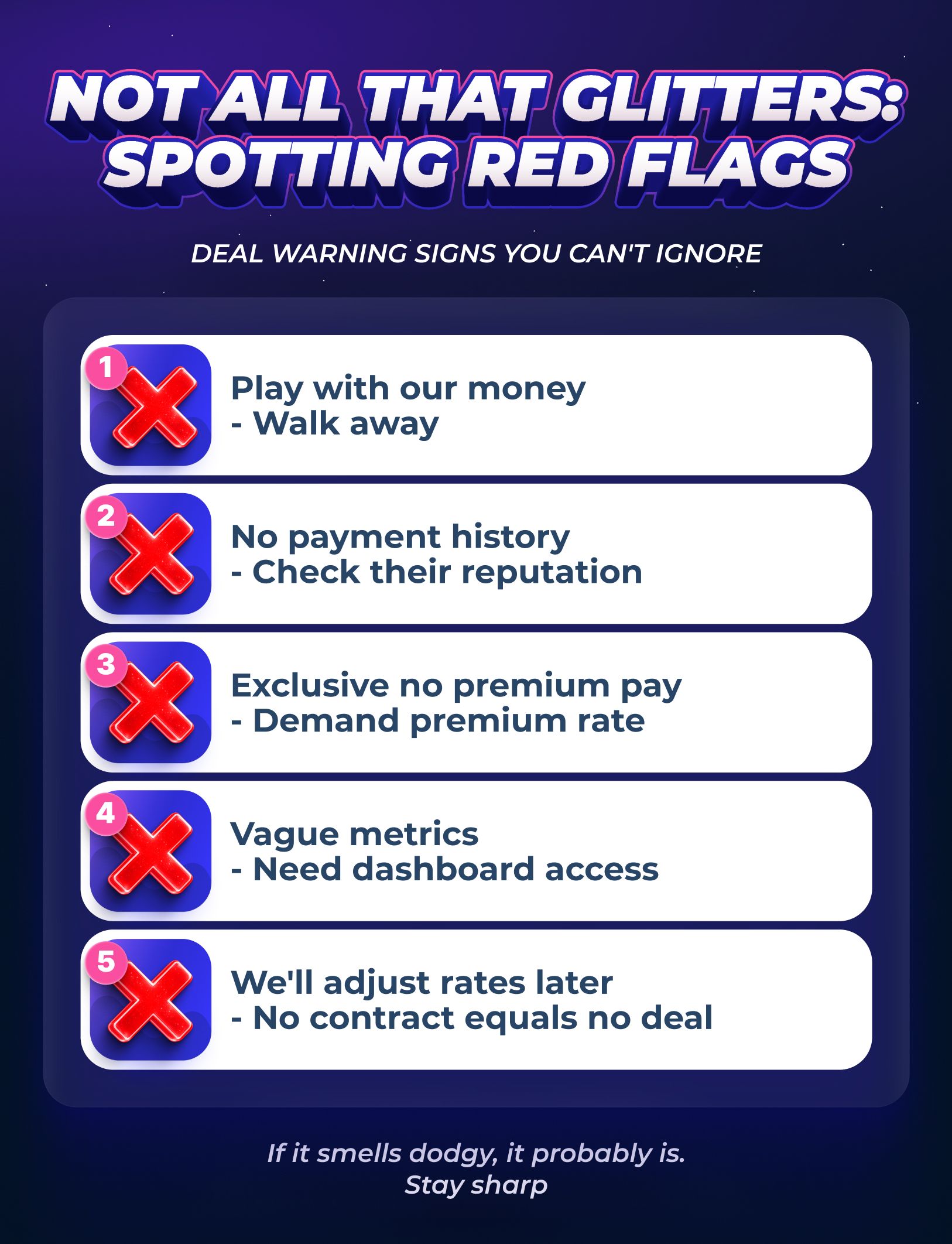 Casino influencer red flags: avoid operators requesting money upfront, lacking payment history, demanding premium rates, or requiring dashboard access.